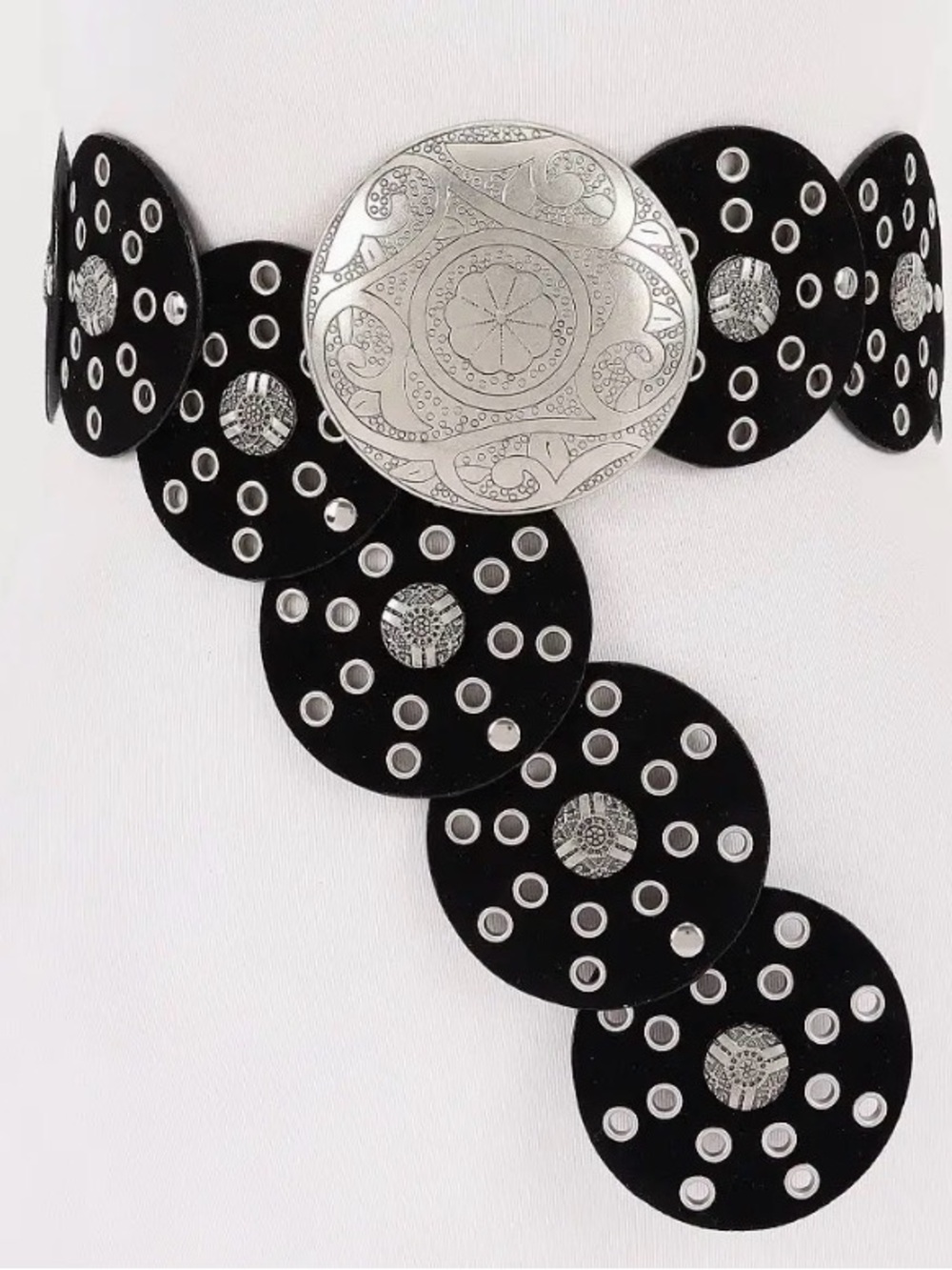 Black Faux Suede Disc Statement Belt with Silver Concho